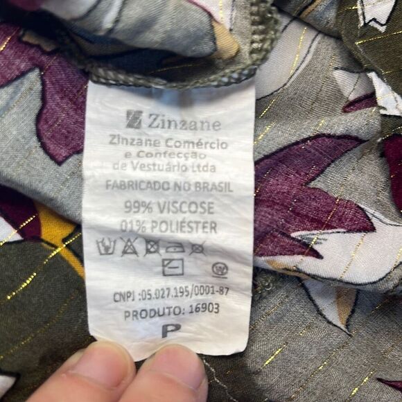 Zinzane Small Green Purple Floral Silver Metallic Stripe V Neck Crop Top Blouse - Picture 6 of 8